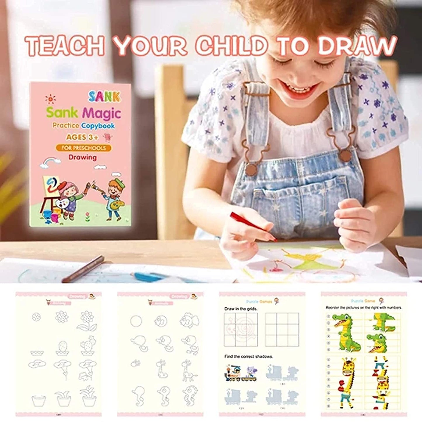 Magic Practice Copybook (4 Book + 10 Refill) (A-127)Magic Practice Copybook for Kids – Reusable Handwriting Book Set with 4 Books, Magic Pen & 10 Refills (Ages 3–8)