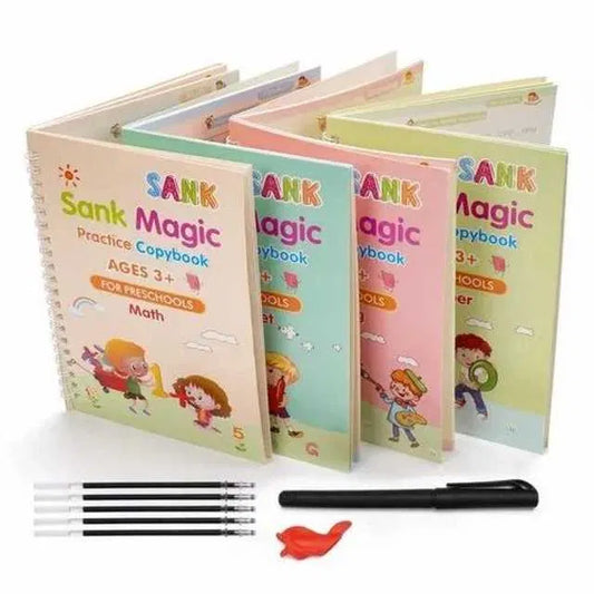 Magic Practice Copybook (4 Book + 10 Refill) (A-127)Magic Practice Copybook for Kids – Reusable Handwriting Book Set with 4 Books, Magic Pen & 10 Refills (Ages 3–8)