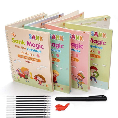Magic Practice Copybook (4 Book + 10 Refill) (A-127)Magic Practice Copybook for Kids – Reusable Handwriting Book Set with 4 Books, Magic Pen & 10 Refills (Ages 3–8)