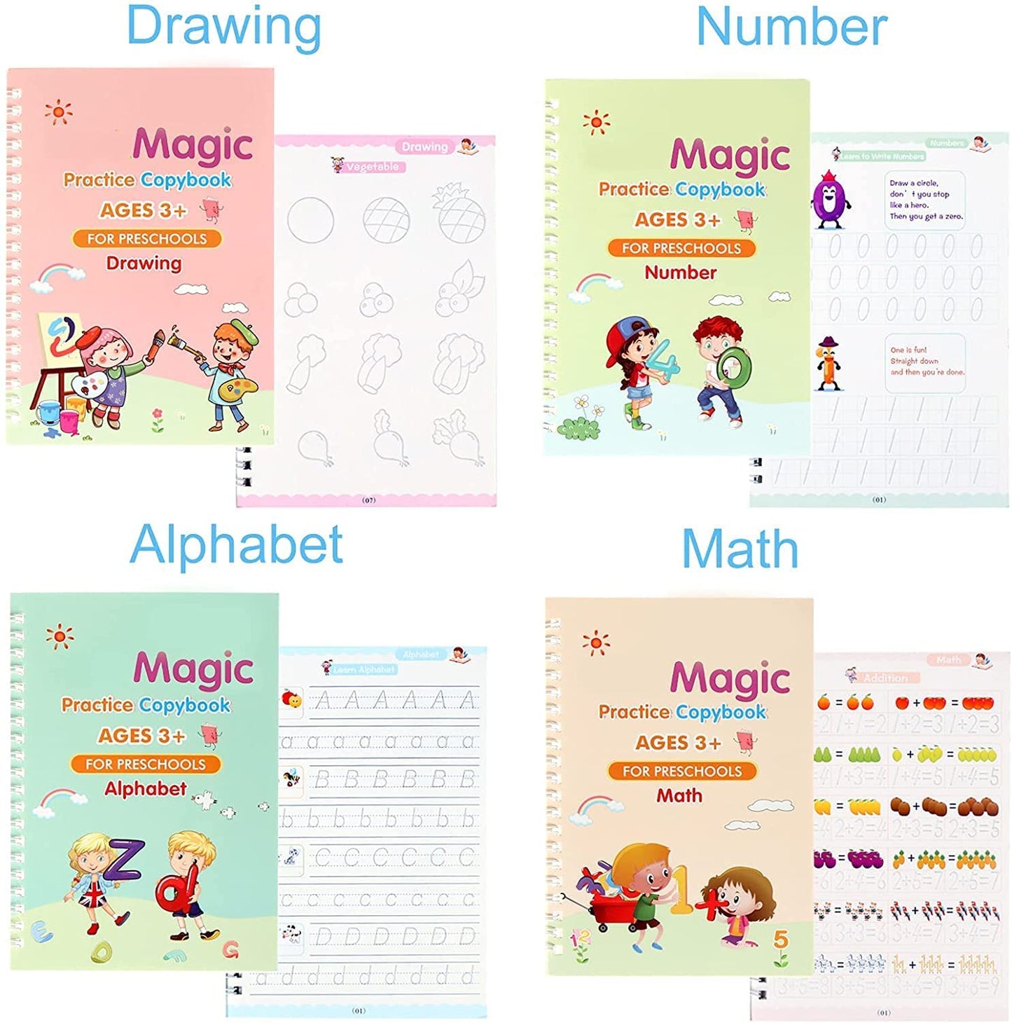 Magic Practice Copybook (4 Book + 10 Refill) (A-127)Magic Practice Copybook for Kids – Reusable Handwriting Book Set with 4 Books, Magic Pen & 10 Refills (Ages 3–8)