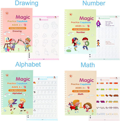 Magic Practice Copybook (4 Book + 10 Refill) (A-127)Magic Practice Copybook for Kids – Reusable Handwriting Book Set with 4 Books, Magic Pen & 10 Refills (Ages 3–8)