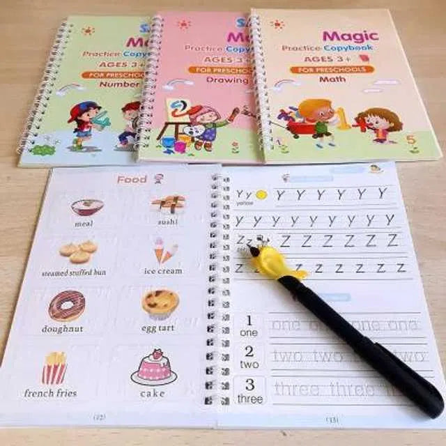 Magic Practice Copybook (4 Book + 10 Refill) (A-127)Magic Practice Copybook for Kids – Reusable Handwriting Book Set with 4 Books, Magic Pen & 10 Refills (Ages 3–8)