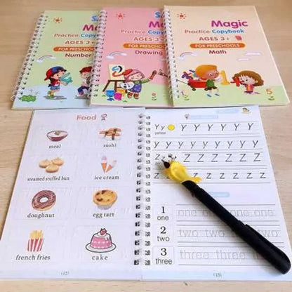 Magic Practice Copybook (4 Book + 10 Refill) (A-127)Magic Practice Copybook for Kids – Reusable Handwriting Book Set with 4 Books, Magic Pen & 10 Refills (Ages 3–8)