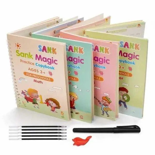 Magic Practice Copybook (4 Book + 10 Refill) (A-127)Magic Practice Copybook for Kids – Reusable Handwriting Book Set with 4 Books, Magic Pen & 10 Refills (Ages 3–8)
